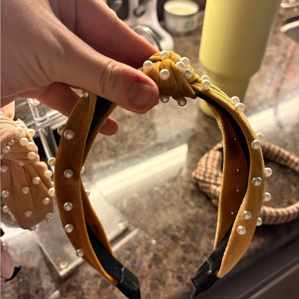 Elegant Velvet Pearl-Studded Knotted Headband Pack of 3 Pink, Cream, and Gold